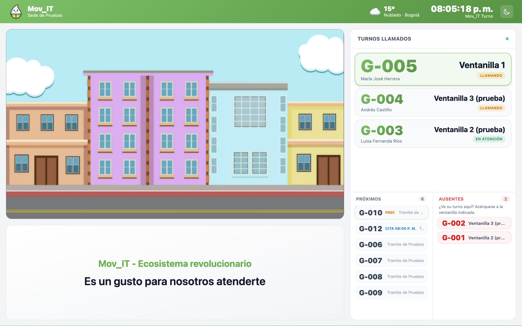 Pantalla de llamado con los turnos de la sede